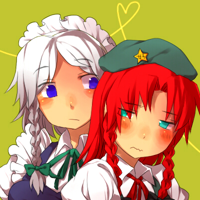 gatimuchihonpo, sagami jon, hong meiling, izayoi sakuya, embodiment of scarlet devil, touhou, silver hair, bad id, bad pixiv id, lowres, 2girls, blue eyes, blush, braid, female focus, hairband, hat, maid, multiple girls, red hair, ribbon, twin braids