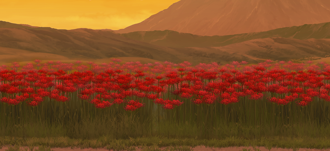 touhou, touhou gensou eclipse, game cg, non-web source, official art, field, flower, flower field, grass, hill, landscape, no humans, outdoors, red flower, scenery, sky, spider lily, twilight, yellow sky