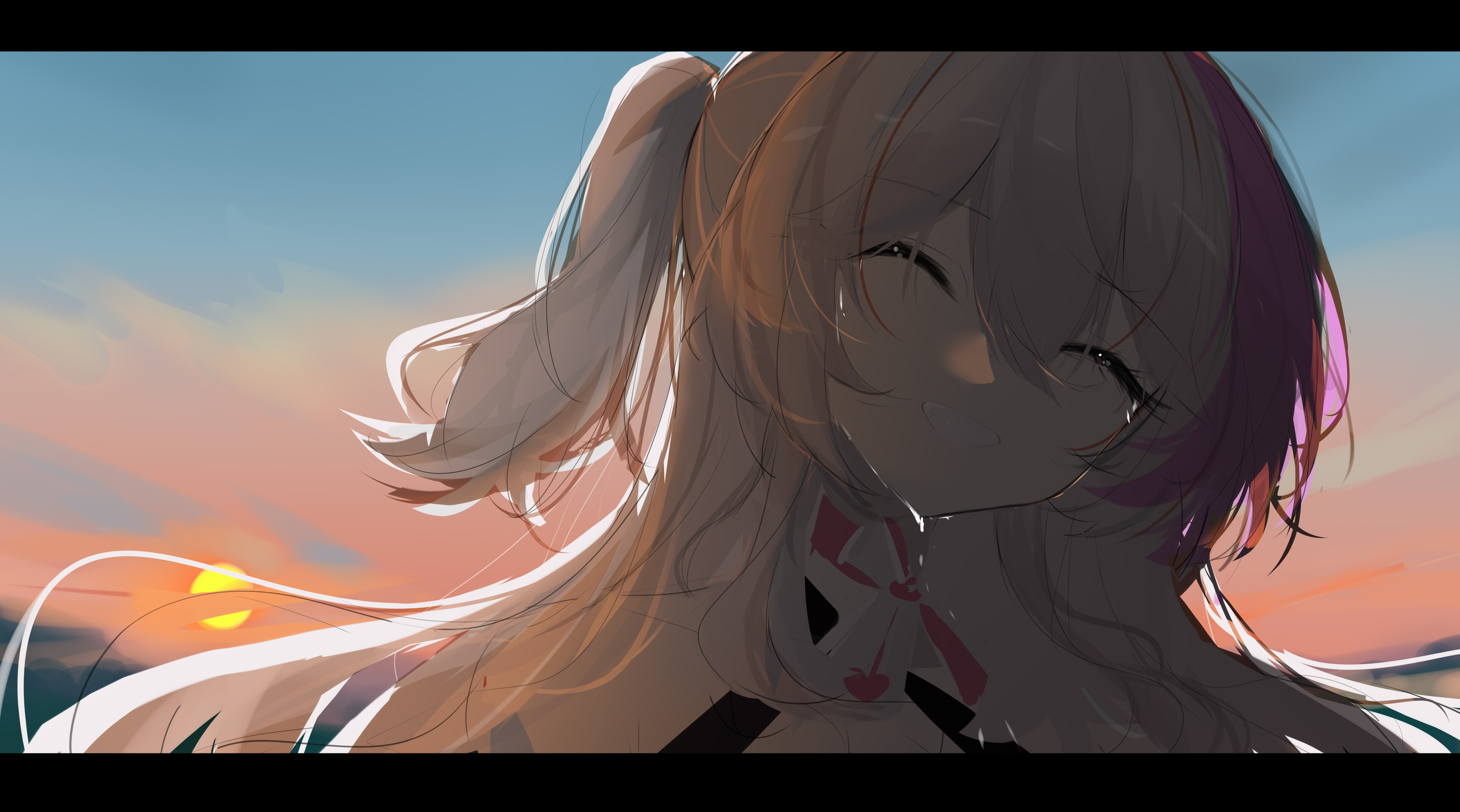 he yue, kanami (strinova), strinova, absurdres, highres, 1girl, armpit crease, bare shoulders, bow, closed eyes, collarbone, halterneck, head tilt, multicolored hair, orange sky, outdoors, parted lips, pink hair, side ponytail, sidelocks, sky, smile, solo, sunset, teeth, white hair