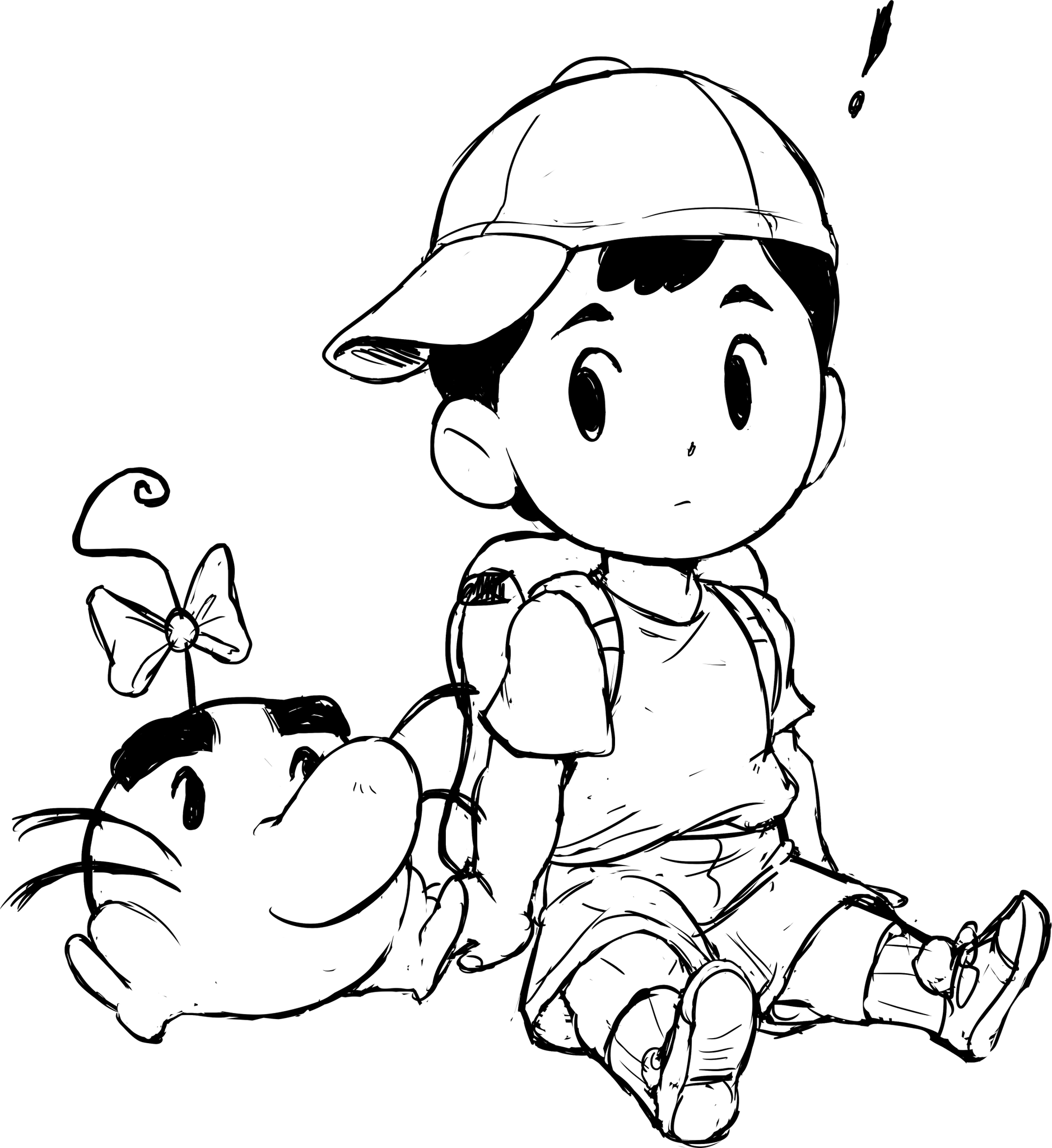 teevo, doseisan, ness (mother 2), earthbound (series), mother (series), mother 2, nintendo, highres, alien, backpack, bag, baseball cap, bow, hair bow, hat, on floor, shorts, sideways hat, sitting, sketch