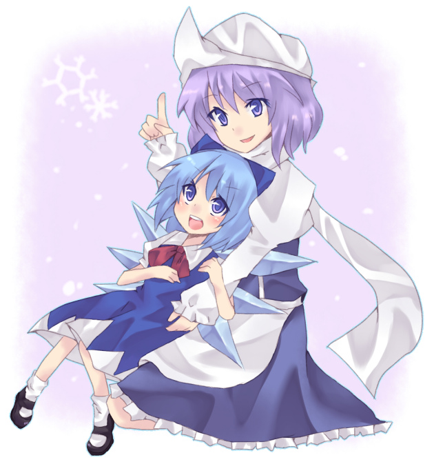 nonaka, cirno, letty whiterock, perfect cherry blossom, touhou, bad id, bad pixiv id, 2girls, blue eyes, blue hair, female focus, multiple girls, purple eyes, purple hair, short hair, snow, snowflakes, socks