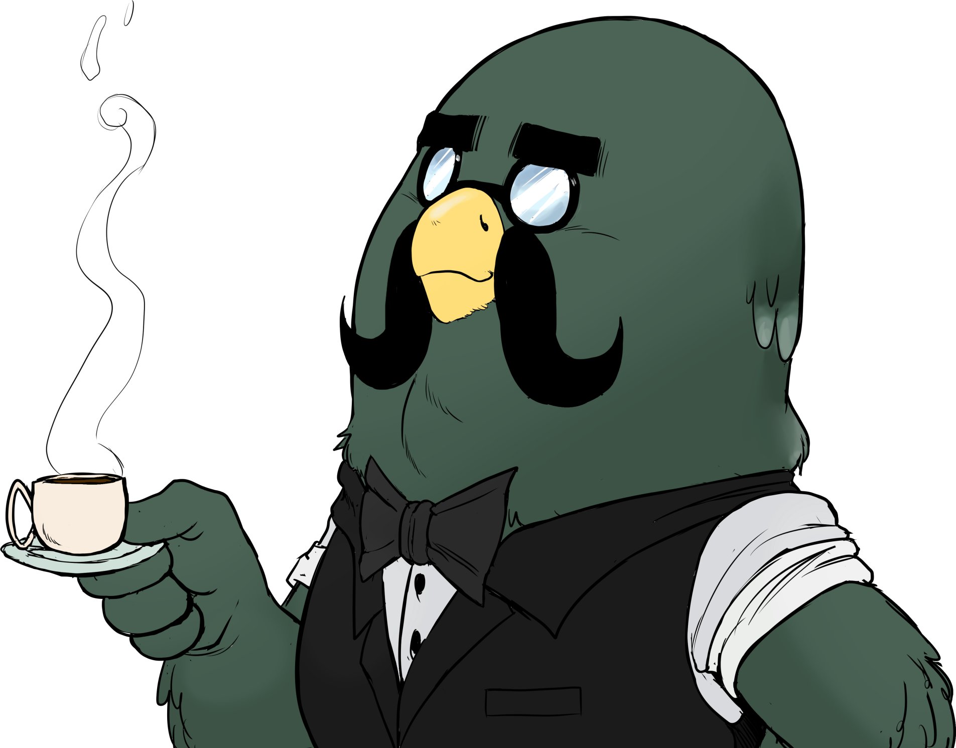 teevo, brewster (animal crossing), animal crossing, nintendo, highres, bird, bow, bowtie, butler, cup, facial hair, feathers, glasses, green feathers, holding, mustache, pigeon, rolled sleeves, saucer, teacup
