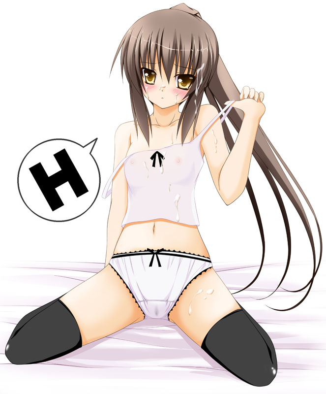 tomosuke, kyonko, suzumiya haruhi no yuuutsu, 00s, 1girl, blush, breasts, brown eyes, brown hair, camisole, cum, cum on body, cum on clothes, cum on hair, cum on lower body, cum on upper body, facial, female focus, genderswap, genderswap (mtf), long hair, navel, nipples, no bra, panties, ponytail, see-through clothes, small breasts, solo, speech bubble, strap slip, thighhighs, underwear