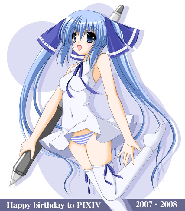 tomosuke, pixiv-tan, pixiv, blue hair, hair ribbon, long hair, panties, pen, ribbon, solo, striped clothes, striped panties, thighhighs, twintails, underwear, very long hair