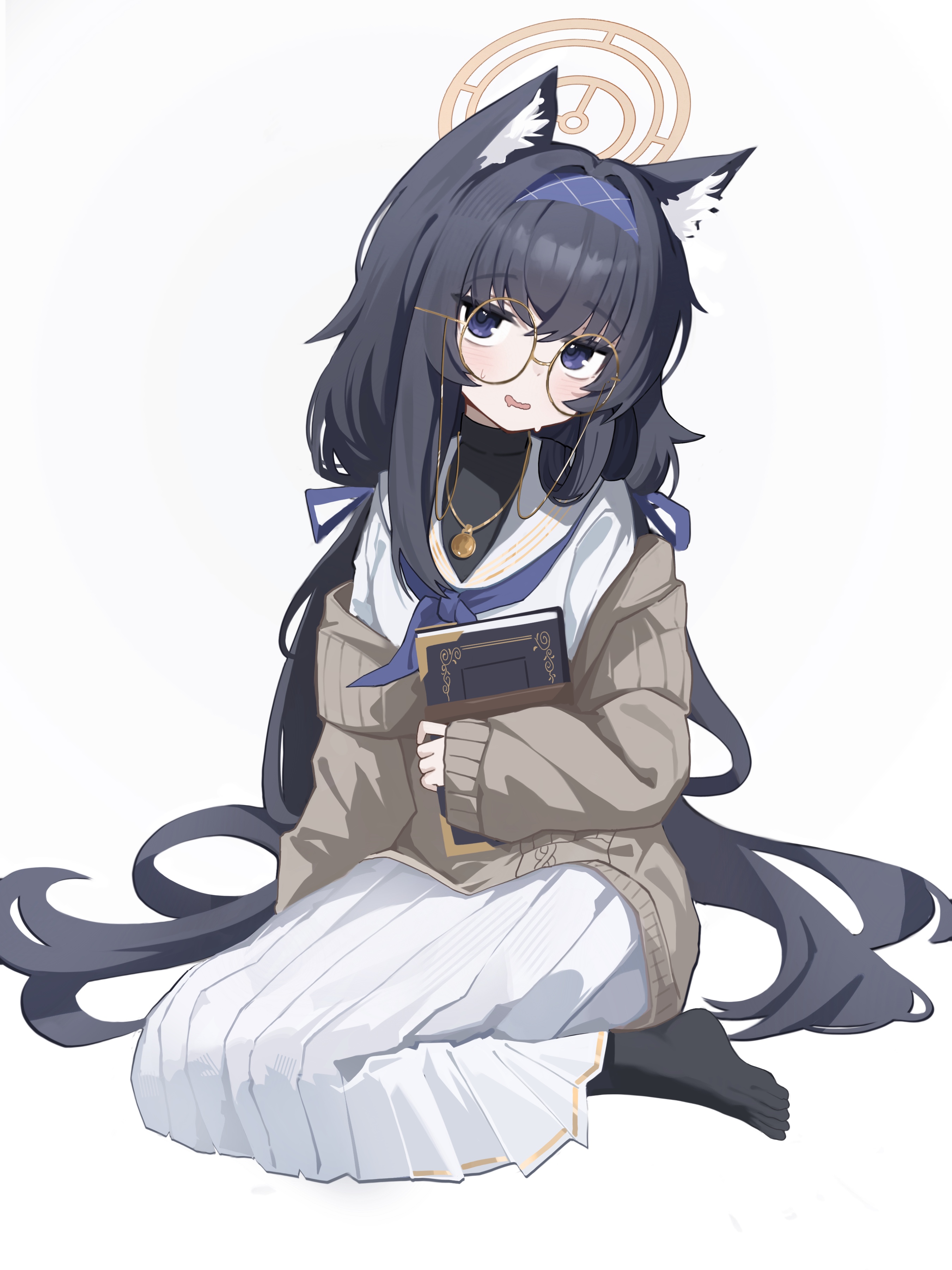xiaoxiaoyifan, ui (blue archive), blue archive, absurdres, highres, 1girl, animal ear fluff, animal ears, arm at side, black hair, black hairband, blue eyes, blue hairband, blue neckerchief, blush, book, brown cardigan, brown halo, cardigan, cat ears, cat girl, full body, glasses, hair between eyes, hair intakes, hair over shoulder, hair spread out, hairband, halo, hand up, holding, holding book, jewelry, kemonomimi mode, long hair, long skirt, looking at viewer, low twintails, neckerchief, no shoes, open cardigan, open clothes, open mouth, pendant, pleated skirt, round eyewear, sailor collar, school uniform, serafuku, shirt, sidelocks, simple background, sitting, skirt, sleeves past wrists, smile, solo, sweatdrop, toes, turtleneck, turtleneck shirt, twintails, undershirt, very long hair, white background, white sailor collar, white serafuku, white shirt, white skirt, yellow-framed eyewear, yokozuwari