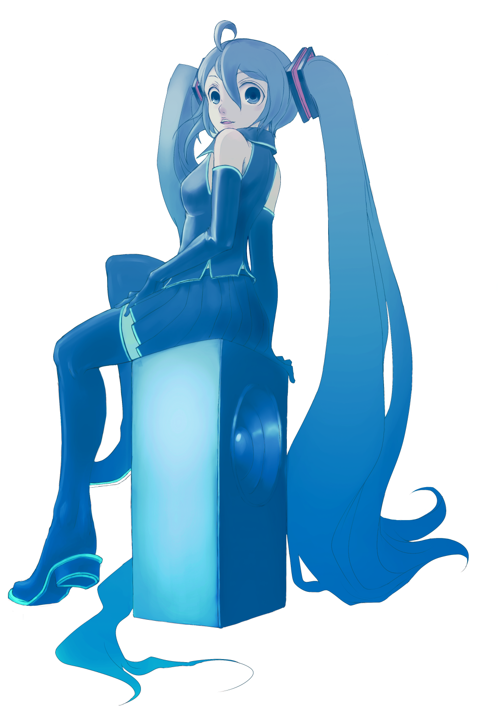 kansou samehada, hatsune miku, vocaloid, bad id, bad pixiv id, highres, blue hair, boots, long hair, skirt, solo, speaker, thigh boots, thighhighs, twintails, very long hair, zettai ryouiki