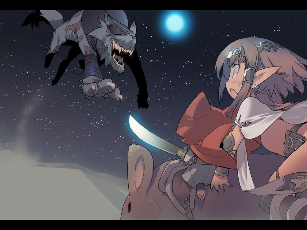 blade (galaxist), original, pixiv fantasia, pixiv fantasia 3, bad id, bad pixiv id, 1girl, animal, blue eyes, brown eyes, chibikemo, elf, letterboxed, moon, night, pointy ears, riding, star (sky), sword, weapon