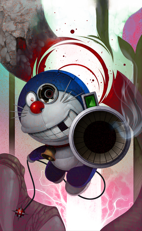pongotown, doraemon (character), doraemon, battle, blood, gun, non-humanoid robot, robot, solo, weapon