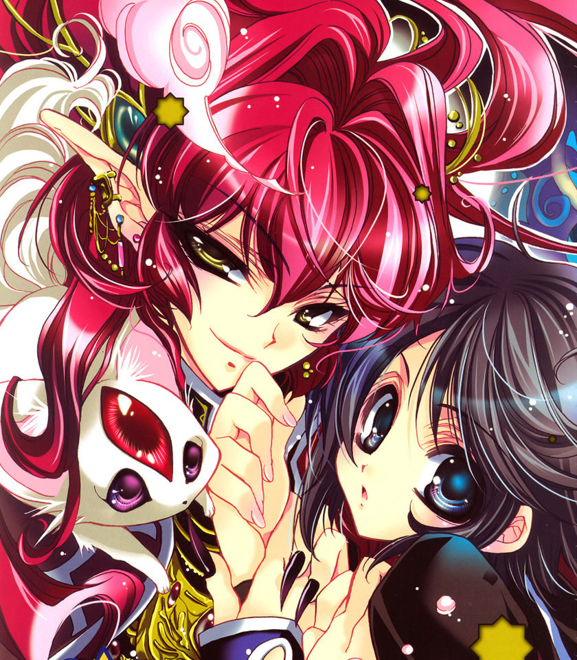 gurenki, 2girls, blue eyes, brown hair, earrings, fingernails, jewelry, long fingernails, multiple girls, nail (hardware), nail polish, pink nails, pointy ears, red hair, yellow eyes