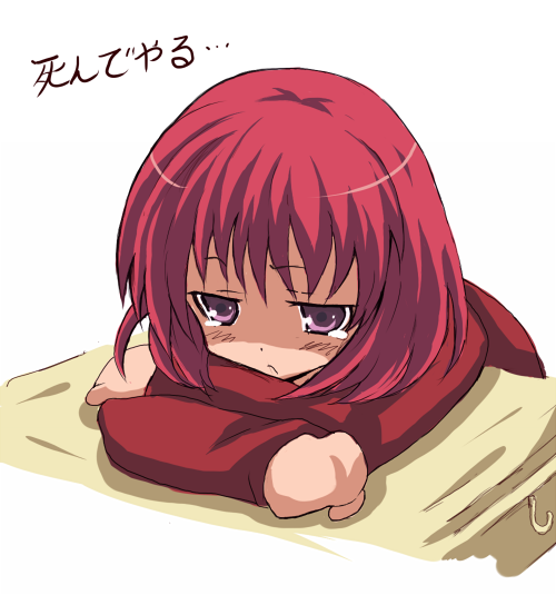 kuron satou, satou kuroon, kushieda minori, toradora!, bad id, bad pixiv id, translated, 00s, 1girl, desk, female focus, frown, purple eyes, red hair, sad, school desk, school uniform, short hair, solo, tears