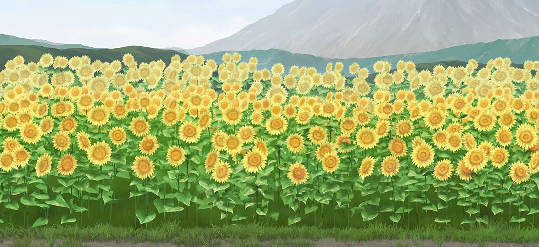 touhou, touhou gensou eclipse, game cg, non-web source, official art, blue sky, day, field, flower, flower field, grass, hill, mountain, no humans, outdoors, sky, sunflower, yellow flower