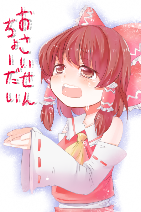 mamepon, hakurei reimu, touhou, bad id, bad pixiv id, translated, 1girl, bow, brown eyes, brown hair, crying, crying with eyes open, detached sleeves, female focus, hair bow, japanese clothes, miko, poverty, ribbon, sad, short hair, solo, tears