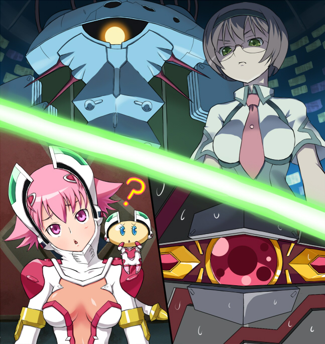 majin (marcia), baba tsutsuji, benkei (sora wo kakeru shoujo), leopard (sorakake), shishidou akiha, shishidou imoko, sora wo kakeru shoujo, pilot suit, 00s, 2girls, ?, angry, breasts, brown hair, cleavage, creature, flipped hair, glasses, green eyes, hairband, head tilt, helmet, laser, looking down, mecha, multiple girls, necktie, pink eyes, pink hair, robot, shirt, short hair, short sleeves, sweat