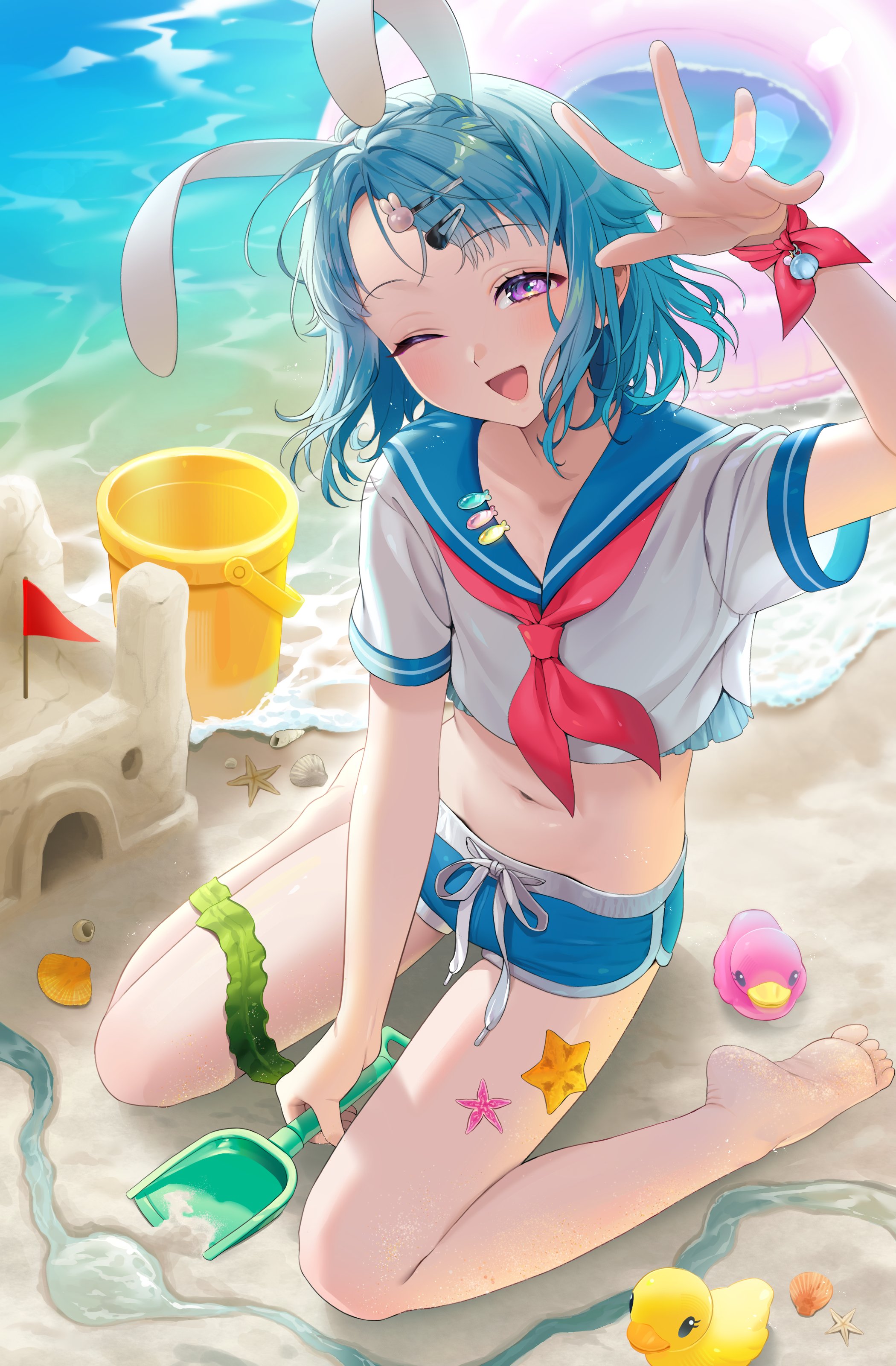 b zebuk, shino hajime, ensemble stars!, absurdres, highres, 1boy, animal ears, barefoot, beach, blue hair, blue sailor collar, blue shorts, blush, bucket, crop top, cropped shirt, dolphin shorts, fake animal ears, feet, full body, girly boy, hair ornament, hairclip, holding, looking at viewer, male focus, midriff, navel, neckerchief, ocean, one eye closed, open mouth, outdoors, purple eyes, rabbit ears, red neckerchief, rubber duck, sailor collar, sand, sand castle, sand sculpture, school uniform, seashell, serafuku, shell, shirt, short hair, short shorts, short sleeves, shorts, shovel, sitting, smile, soles, solo, starfish, stomach, toes, trap, wariza, water, white shirt