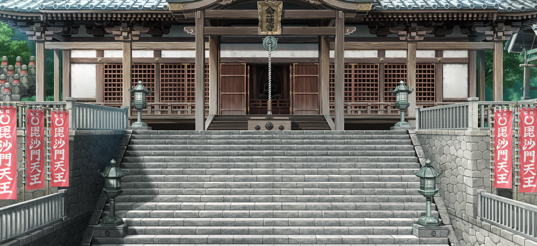 touhou, touhou gensou eclipse, game cg, non-web source, official art, architecture, banner, box, buddhism, day, donation box, east asian architecture, jizou, lantern, myouren temple, no humans, outdoors, rope, scenery, stairs, statue, temple