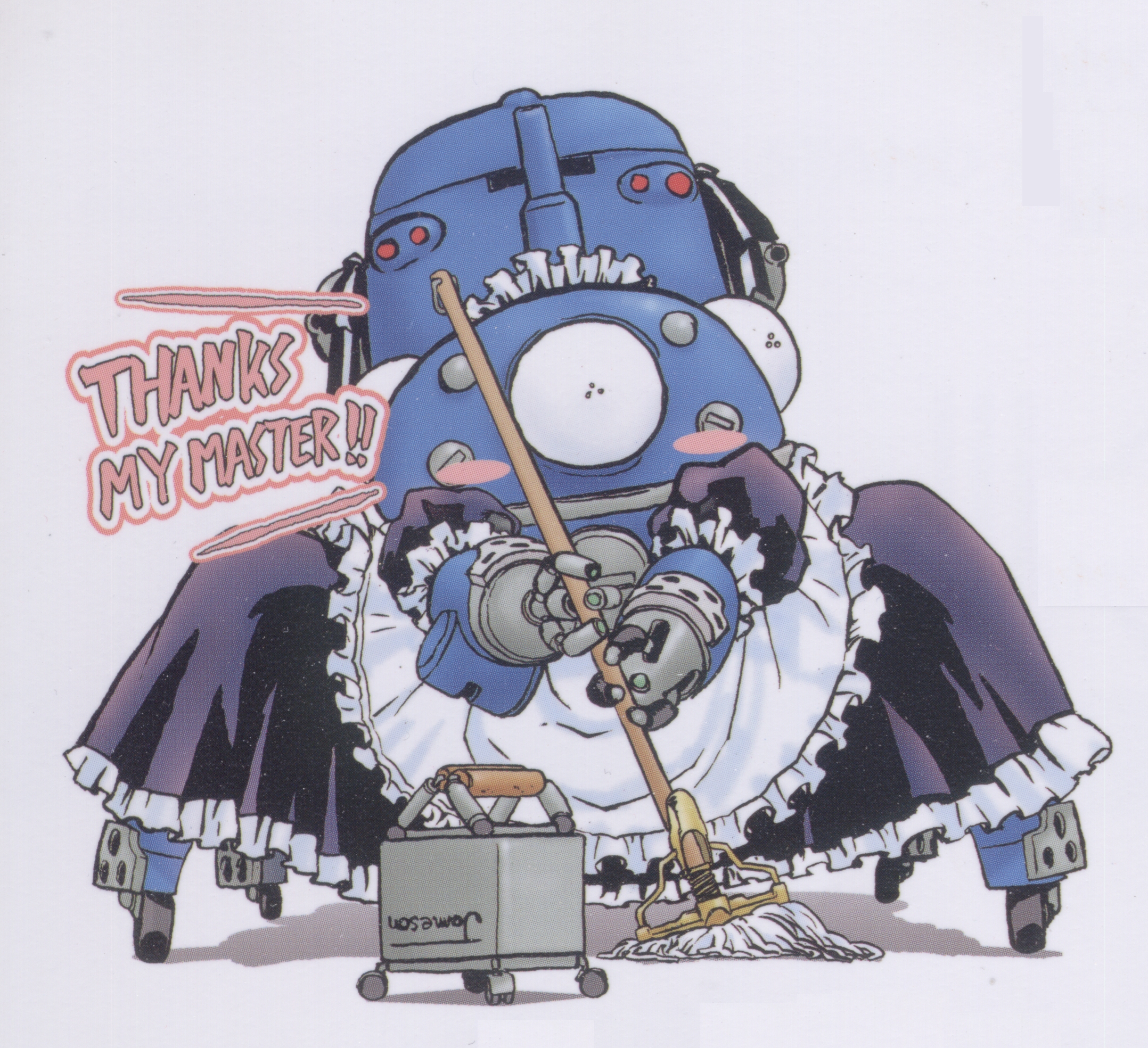 shirou masamune, jameson, tachikoma, ghost in the shell, ghost in the shell: stand alone complex, highres, scan, apron, blush, blush stickers, english text, engrish text, maid, maid apron, maid headdress, mecha, mop, no humans, parody, ranguage, robot
