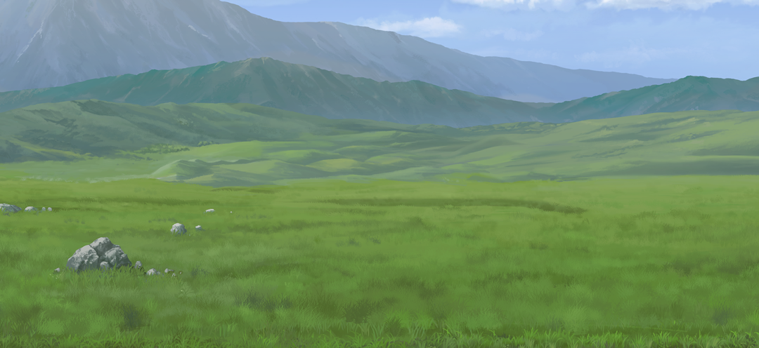 touhou, touhou gensou eclipse, game cg, non-web source, official art, blue sky, cloud, day, field, grass, hill, mountain, no humans, outdoors, rock, scenery, sky