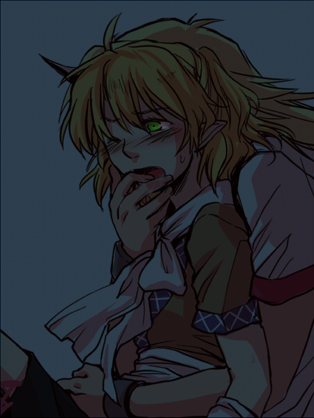 re ghotion, rex, hoshiguma yuugi, mizuhashi parsee, touhou, 2girls, blush, female focus, green eyes, horns, multiple girls, one eye closed, single horn, wink, yuri