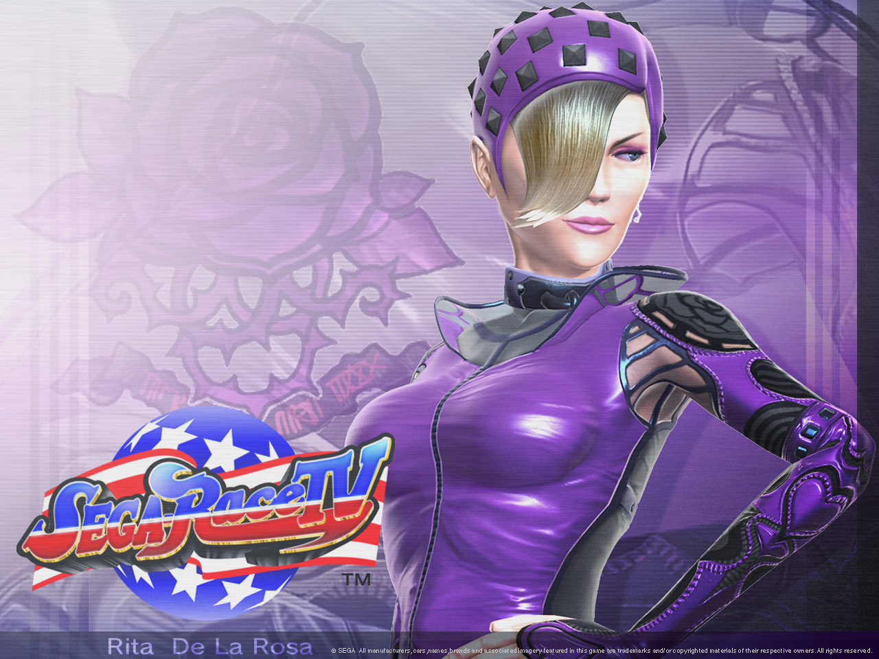 rita de la rosa, sega-race tv, official art, official wallpaper, 1girl, 3d, blonde hair, blue eyes, bodysuit, breasts, eyeshadow, female focus, flower, hair over one eye, hand on own hip, hat, leather, lipstick, makeup, rose, solo, united states