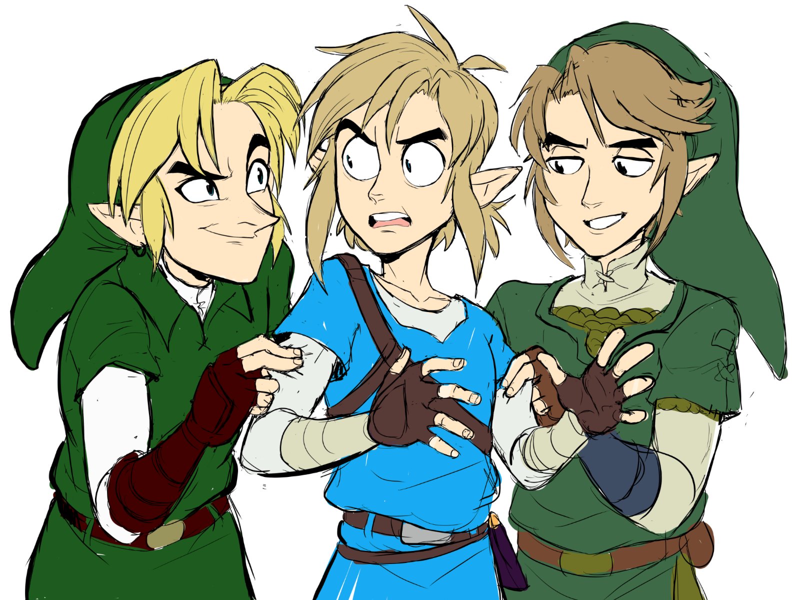 teevo, nintendo, the legend of zelda, the legend of zelda: breath of the wild, the legend of zelda: ocarina of time, the legend of zelda: twilight princess, highres, belt, blonde hair, fingerless gloves, gloves, pinching, pointy ears, simple background, stocking cap, tunic
