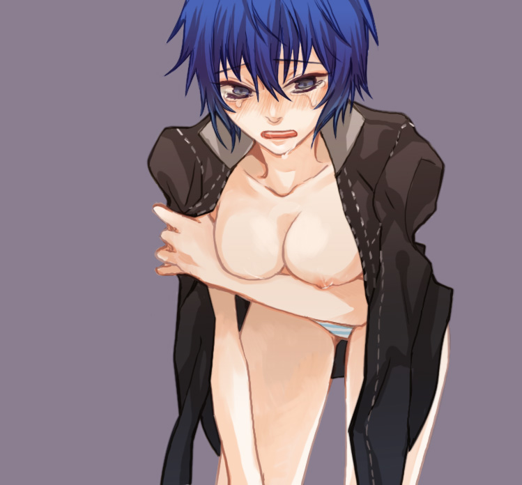 humio (oriba), humio (pixiv), shirogane naoto, atlus, persona, persona 4, 1girl, blue hair, blush, breasts, female focus, panties, short hair, solo, striped clothes, striped panties, tears, underwear