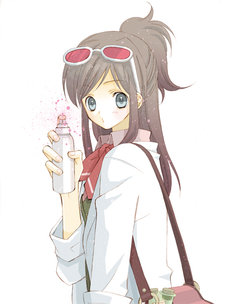 bernard sho, ema skye, ace attorney, capcom, spray, bad id, bad pixiv id, 1girl, bag, brown hair, female focus, green eyes, half updo, lab coat, long hair, messenger bag, ponytail, shoulder bag, sleeves rolled up, solo, sunglasses, test tube