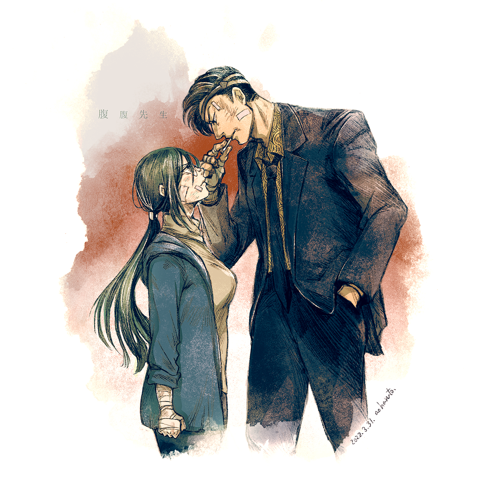 aoharuto, highres, 1boy, 1girl, artist name, azusa (harahara sensei), bandage on face, bandaged hand, bandages, black necktie, black pants, black suit, cigarette, clenched hand, dated, eye contact, fingerless gloves, formal clothes, gloves, hand in pocket, harahara sensei, headband, height difference, jacket, long hair, long sleeves, looking at another, mouth hold, necktie, open clothes, open jacket, pants, ponytail, standing, suit