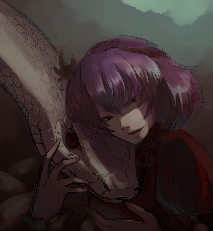 murai shinobu, mishaguji, yasaka kanako, touhou, 1girl, female focus, hug, lips, sketch, snake, solo