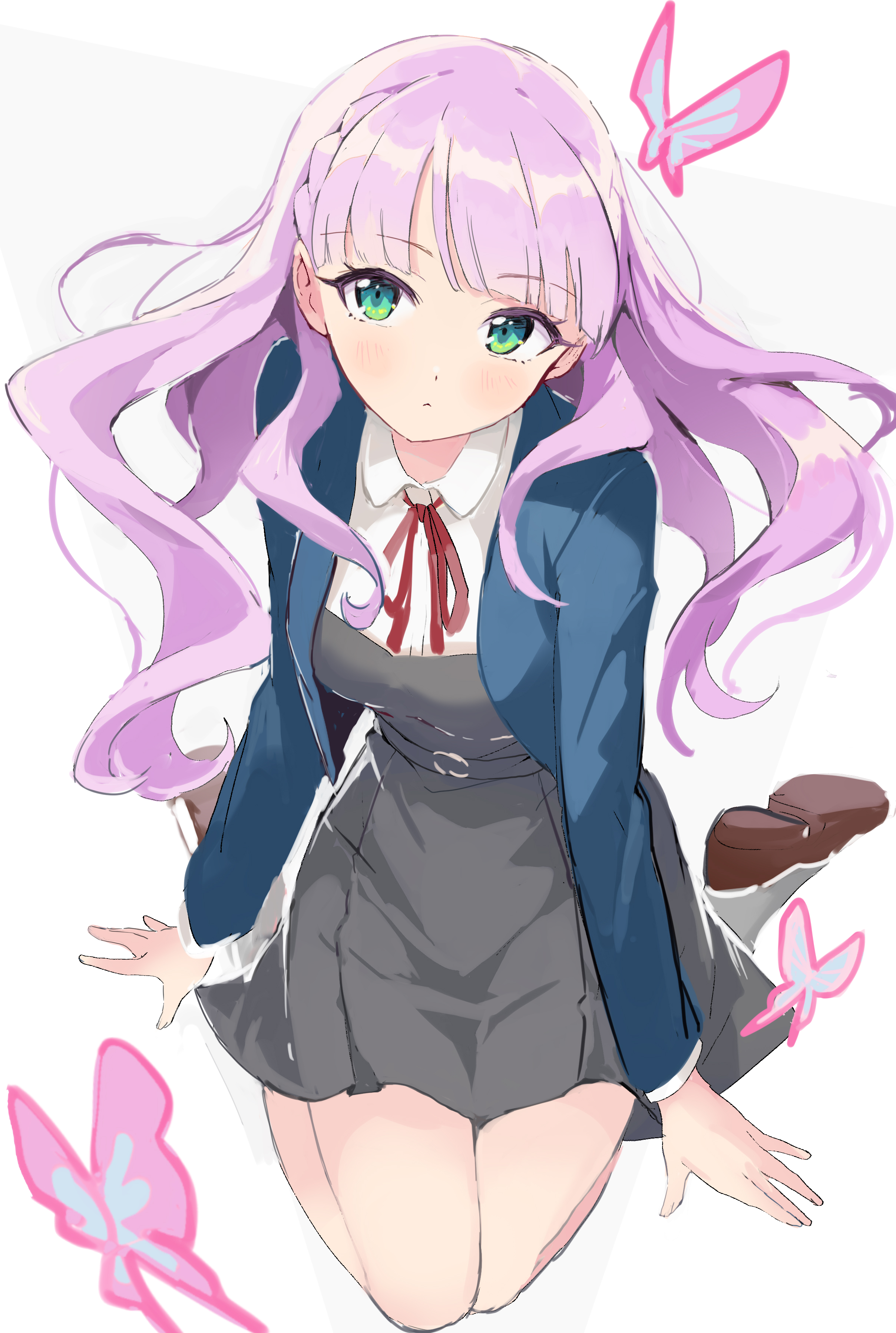 rassie s, wien margarete, love live!, love live! superstar!!, absurdres, commentary request, highres, partial commentary, 1girl, blue jacket, breasts, bug, butterfly, collared shirt, dress, dress shirt, full body, green eyes, grey dress, insect, jacket, long hair, long sleeves, looking at viewer, medium breasts, neck ribbon, open clothes, open jacket, pinafore dress, pink butterfly, pleated dress, purple hair, red ribbon, ribbon, school uniform, shirt, short dress, simple background, sitting, sleeveless, sleeveless dress, solo, very long hair, wariza, wavy hair, white background, white shirt, yuigaoka school uniform