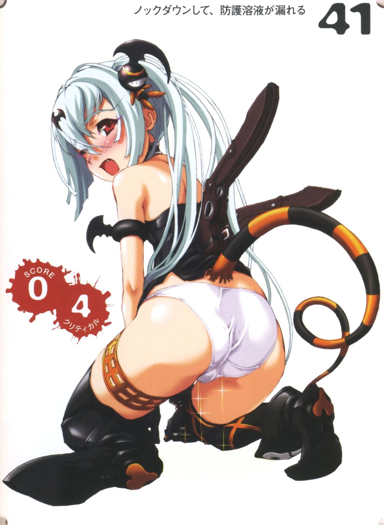 nishii (damnedrive), alice (queen's gate), nitroplus, queen's blade, queen's gate, highres, 00s, 1girl, albino, ass, blush, fang, female focus, from behind, kneeling, looking back, panties, red eyes, solo, tail, thighhighs, underwear, white hair, white panties, wince