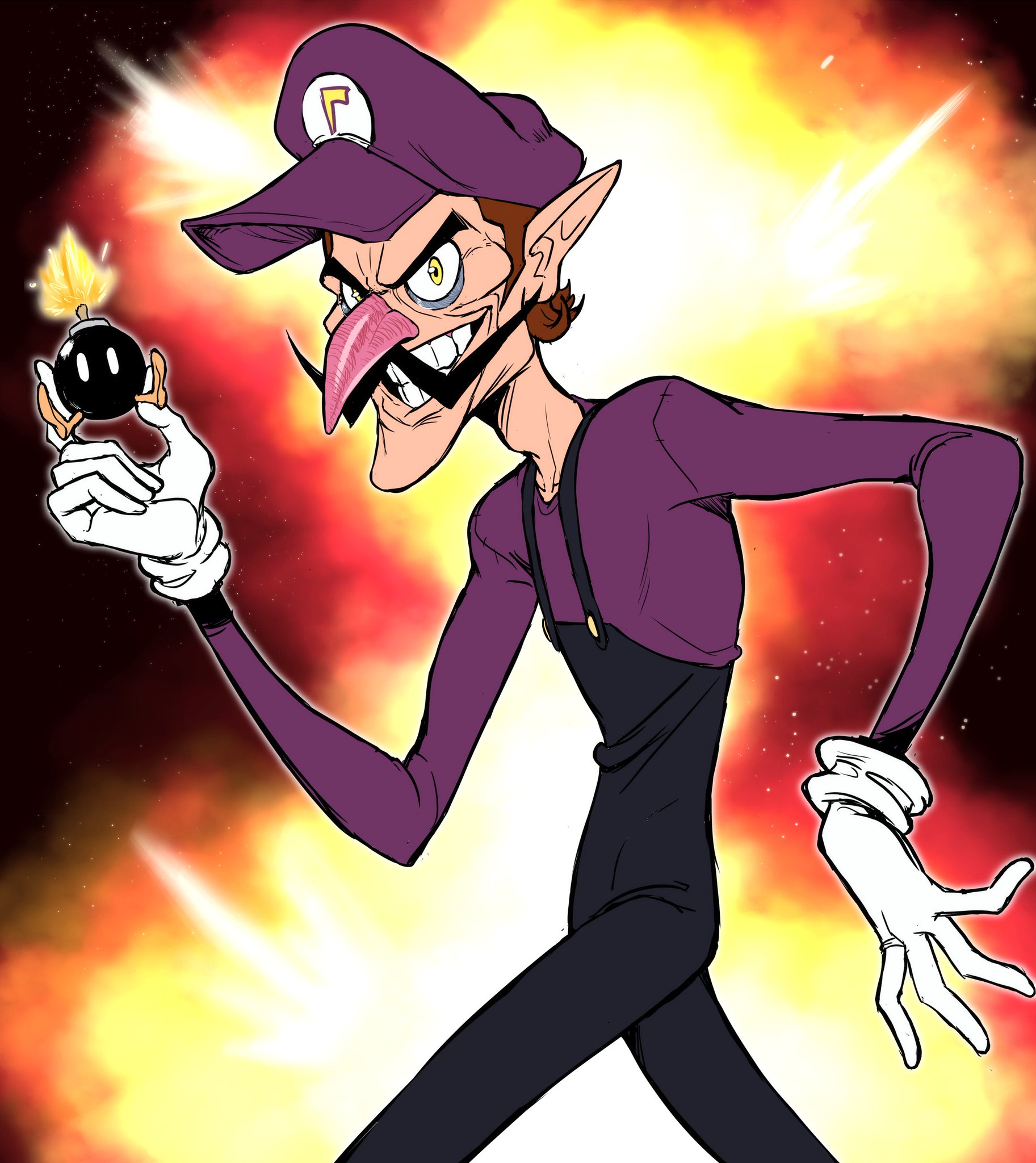 teevo, bob-omb, waluigi, mario (series), nintendo, highres, explosion, facial hair, gloves, hat, large nose, looking at viewer, mustache, overalls, pointy ears, pointy nose