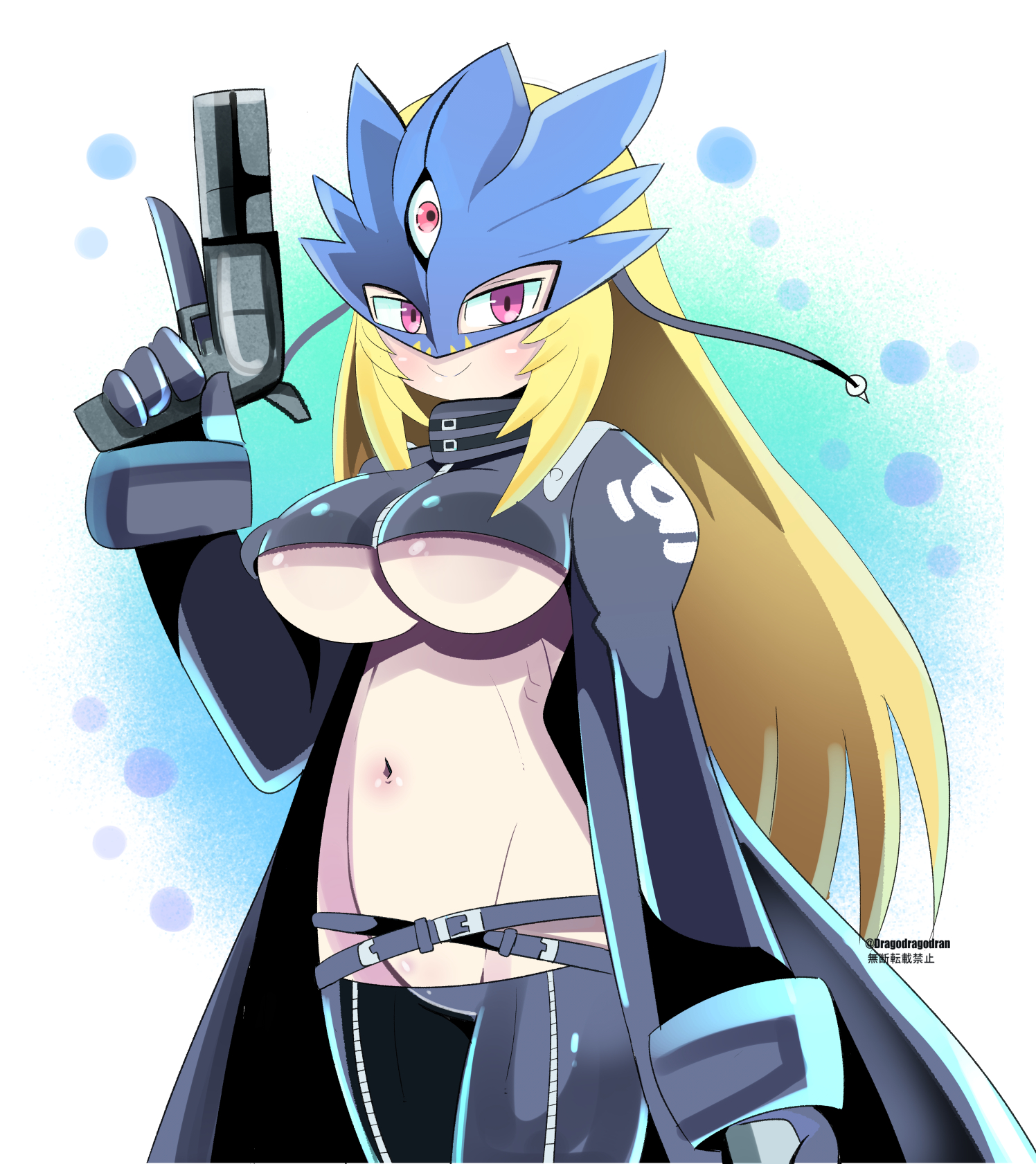 dragodragodran, beelstarmon, digimon, commentary, highres, 1girl, artist name, black gloves, blonde hair, breasts, cropped jacket, digimon (creature), female focus, gloves, gun, holding, holding gun, holding weapon, jacket, large breasts, leather, leather jacket, leather pants, light blush, long hair, looking at viewer, mask, navel, pants, simple background, smile, stomach, third eye, underboob, weapon