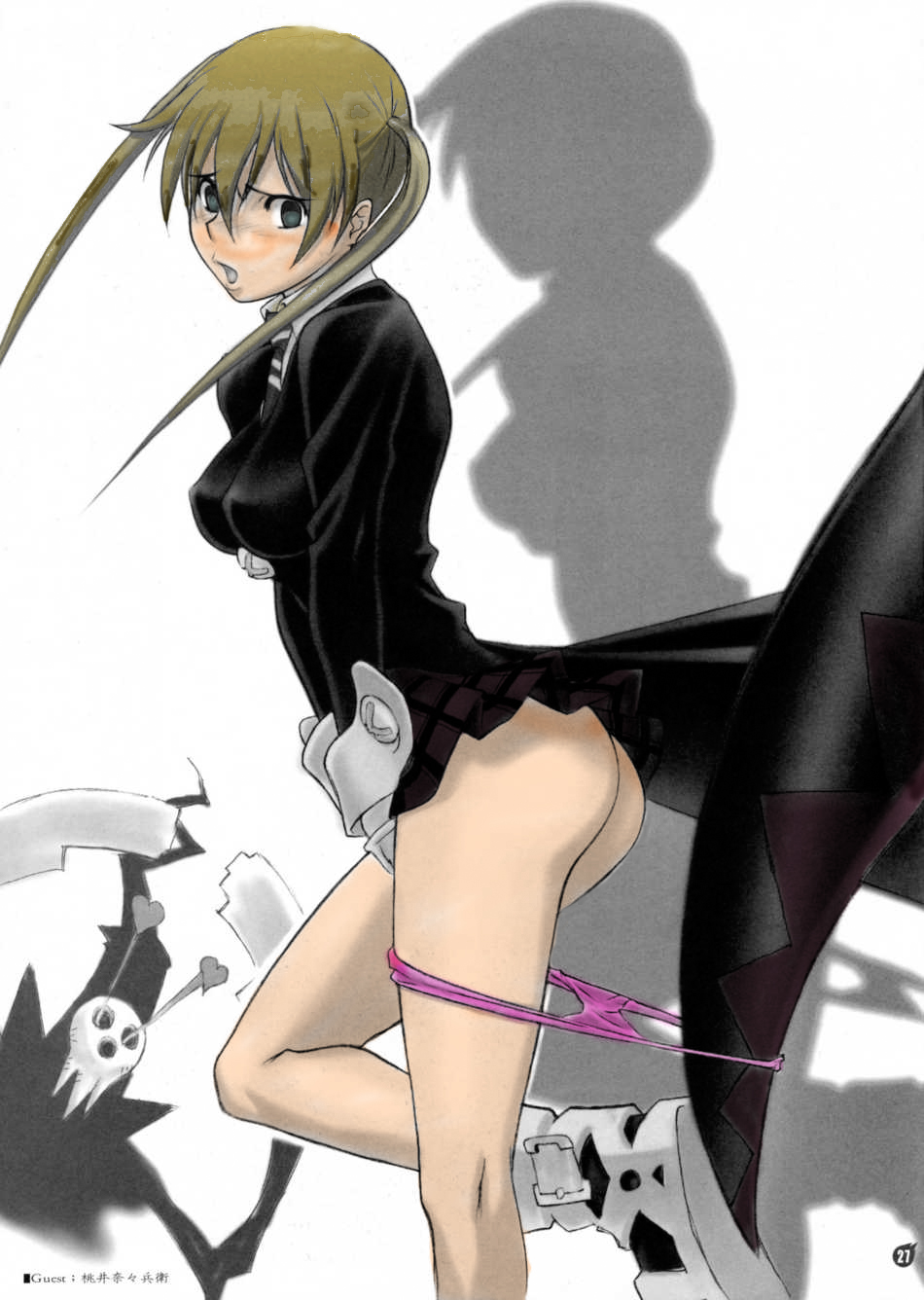 momoi nanabei, maka albarn, shinigami-sama, soul eater, colorized, highres, 00s, 1girl, ass, blonde hair, boots, breasts, impossible clothes, impossible shirt, legs, miniskirt, open mouth, panties, panty pull, pink panties, pink theme, shadow, shirt, skirt, twintails, underwear