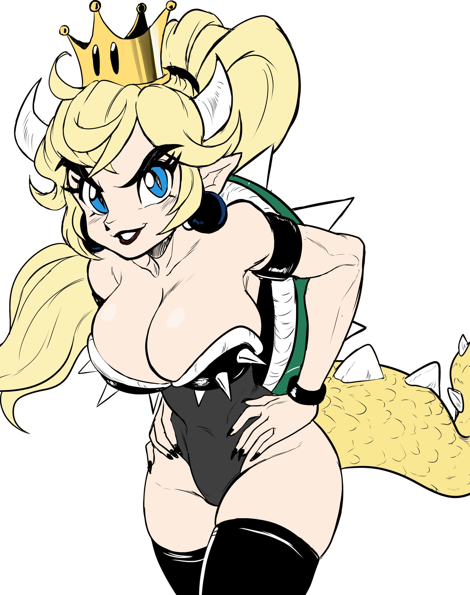 teevo, bowsette, mario (series), nintendo, highres, armband, blonde hair, blue eyes, breasts, cleavage, cleft of venus, crown, earrings, genderswap, genderswap (mtf), horns, jewelry, large breasts, leaning forward, leotard, lizard tail, long hair, navel, personification, pointy ears, ponytail, simple background, skindentation, slit pupils, spiked shell, tail, thighhighs, turtle shell, wristband