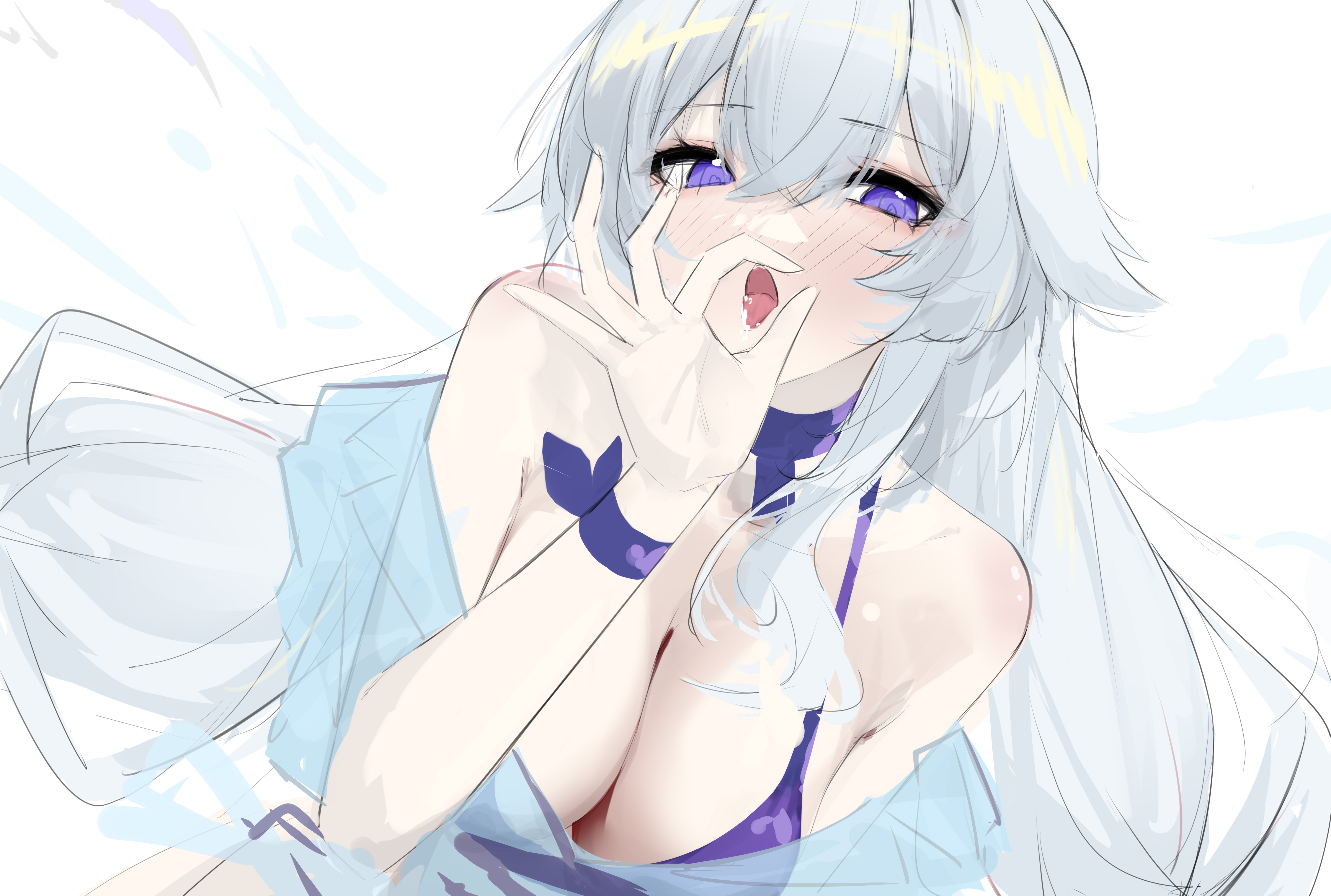 he yue, celestia (midsummer night) (strinova), celestia (strinova), strinova, absurdres, highres, 1girl, :o, after fellatio, armpit crease, bare shoulders, blush, bra, breasts, choker, cleavage, collarbone, cum, cum in mouth, cum on tongue, fellatio gesture, from above, hair flaps, halterneck, hand up, large breasts, long hair, off-shoulder shirt, off shoulder, open mouth, shirt, sidelocks, simple background, sitting, solo, tongue, tongue out, underwear, white background, white hair