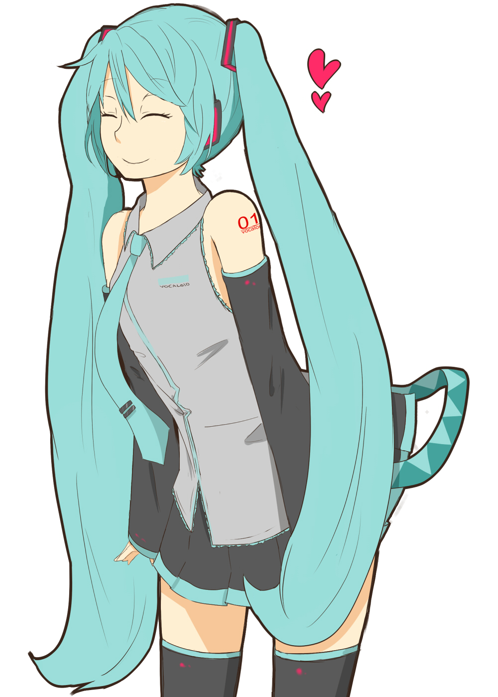 poripori, hatsune miku, vocaloid, bad id, bad pixiv id, highres, aqua hair, closed eyes, detached sleeves, headset, heart, long hair, necktie, simple background, skirt, solo, thighhighs, twintails, very long hair