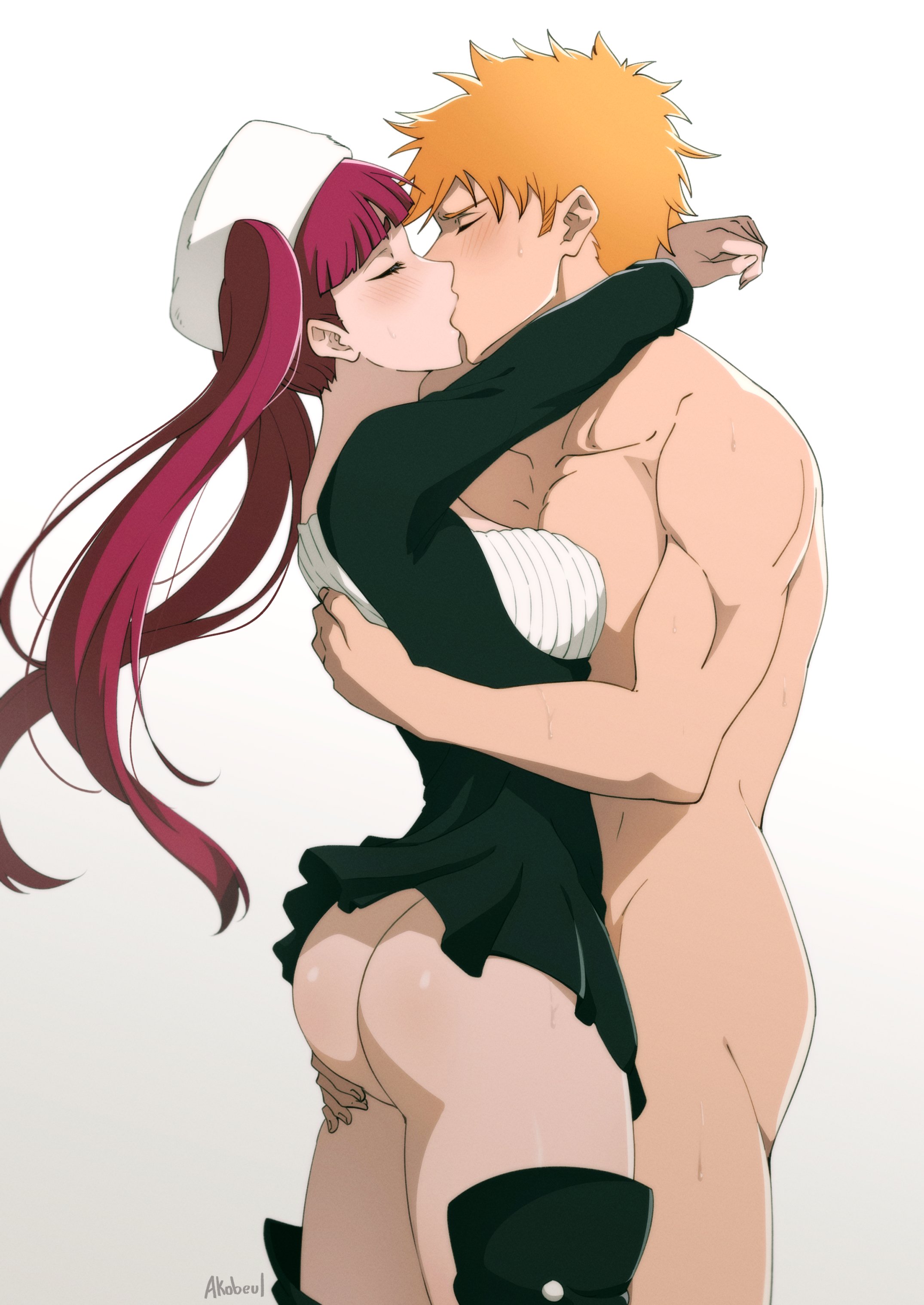 akobeul, dokugamine riruka, kurosaki ichigo, bleach, absurdres, highres, 1boy, 1girl, arms around neck, ass, black dress, boots, breasts, closed eyes, clothed female nude male, dress, grabbing another's ass, groping, hat, hetero, kiss, large breasts, long hair, no panties, nude, orange hair, purple hair, short hair, simple background, thigh boots, toned, toned male, twintails