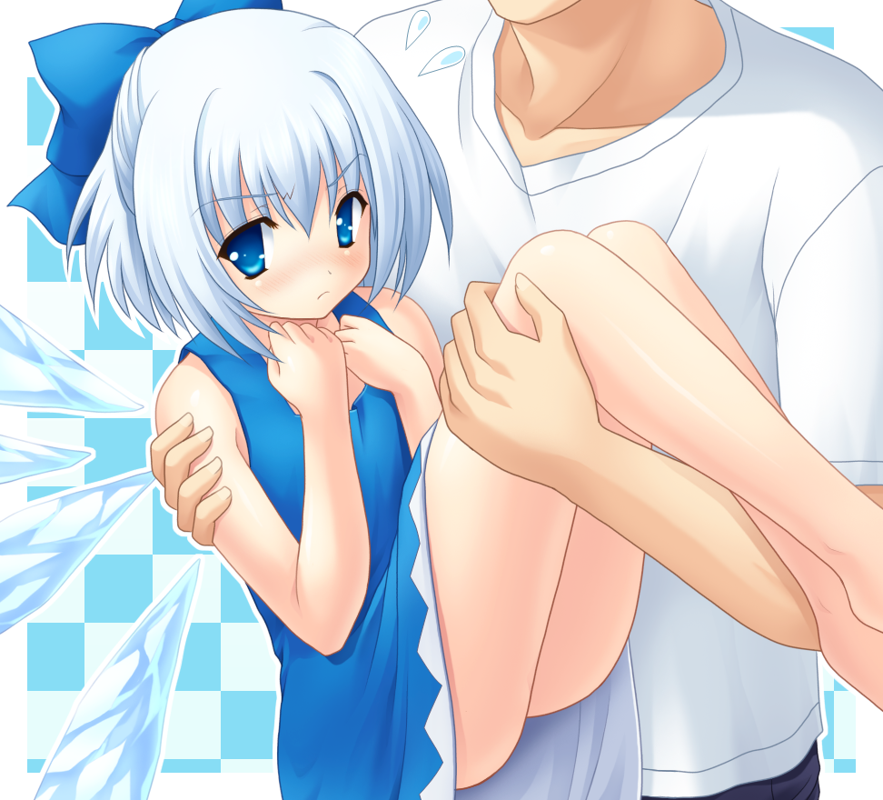 yamasan, cirno, embodiment of scarlet devil, touhou, 1boy, 1girl, barefoot, blue eyes, blue hair, blush, carrying, dress, frown, hair ribbon, phane, princess carry, ribbon, solo focus, wings