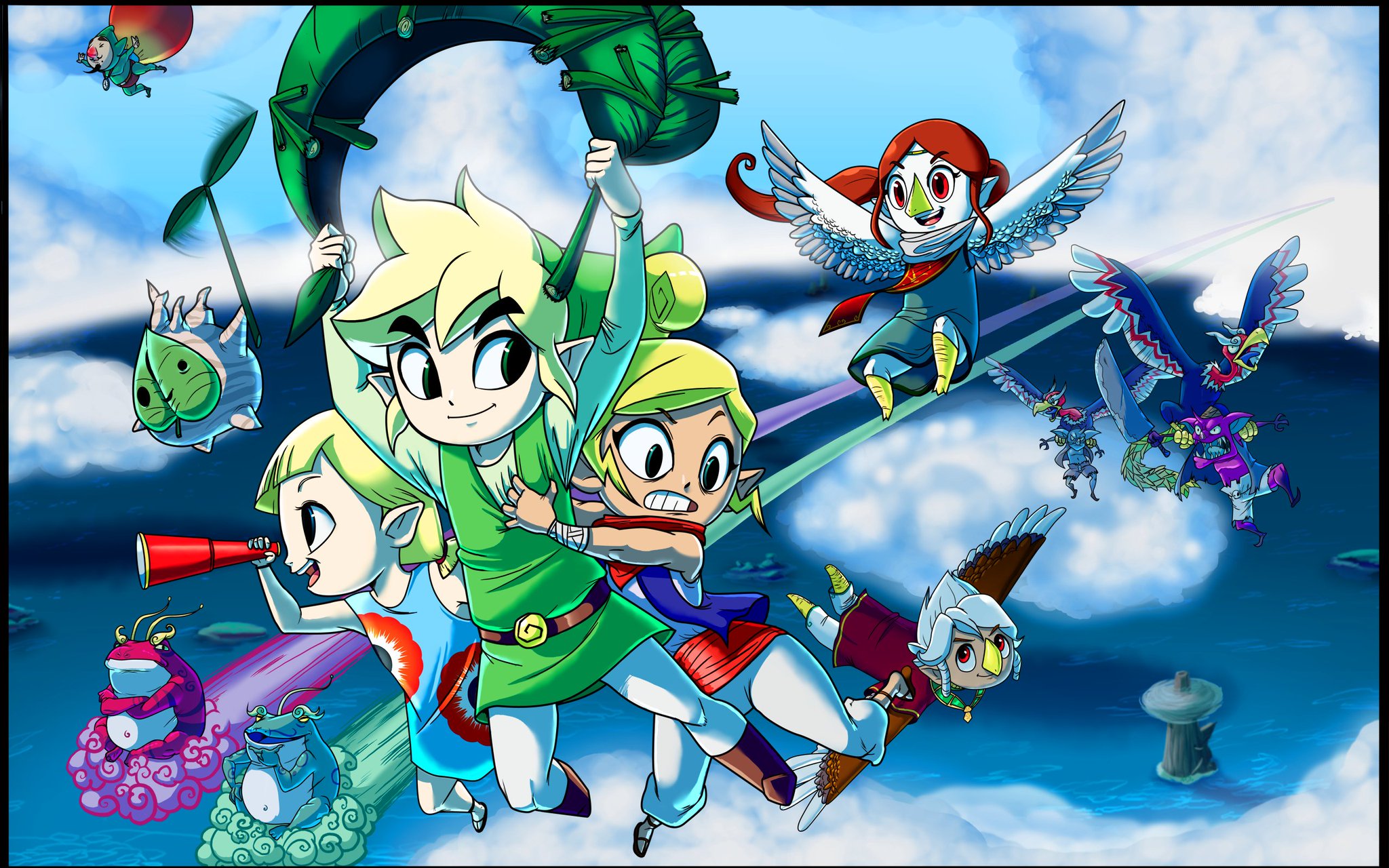 teevo, aryll, bokoblin, cyclos (zelda), komali, korok, link, medli, princess zelda, tetra, tingle, toon link, zephos (zelda), nintendo, the legend of zelda, the legend of zelda: the wind waker, highres, balloon, bandana, beak, belt, bird girl, bird wings, blue eyes, circlet, cloud, dress, feathered wings, feathers, flying, island, kargarok, ocean, outdoors, pigtail braids, pirate, pointy ears, red eyes, red hair, rito, sky, telescope, tunic, vest, white hair, wings