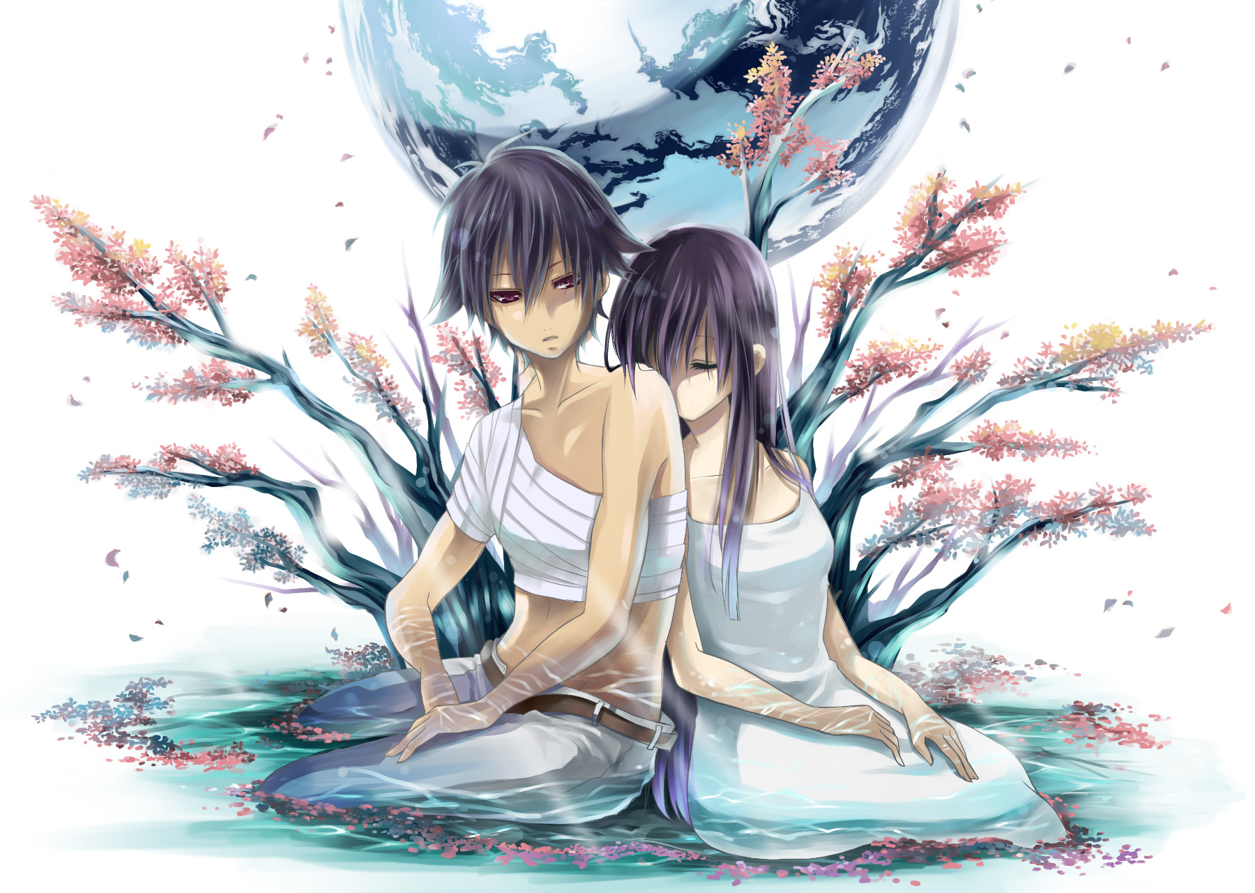 sora yuuhi, marina ismail, setsuna f. seiei, gundam, gundam 00, bad id, bad pixiv id, highres, 00s, 1boy, 1girl, bandages, black hair, closed eyes, earth (planet), flower, long hair, petals, purple eyes, purple hair, short hair, water, wet