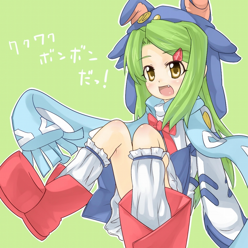 ueno musashi, shishidou sakura, sora wo kakeru shoujo, 00s, child, fang, green hair, hair ornament, long hair, long sleeves, scarf, solo, yellow eyes