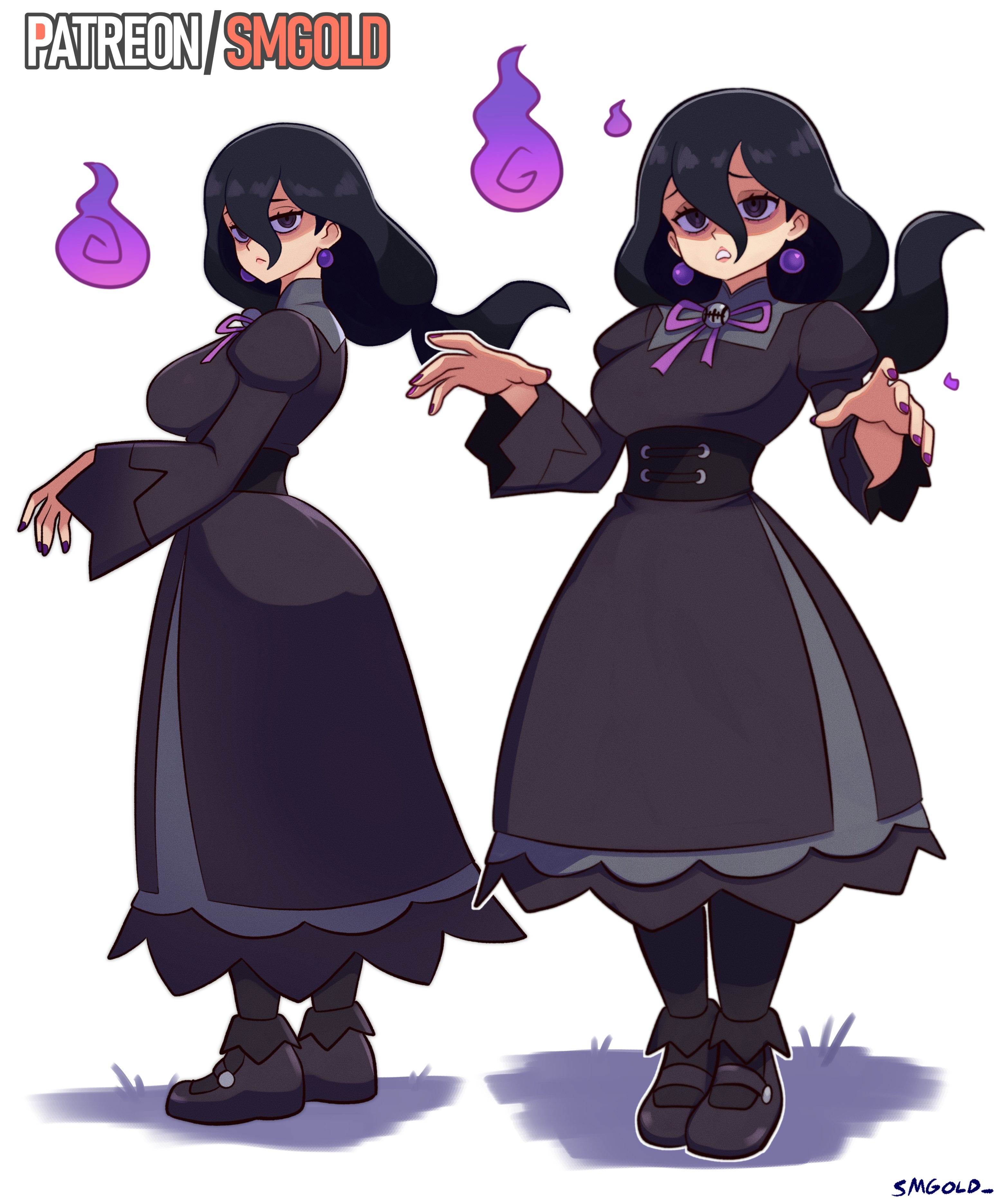 smgold, hex maniac (pokemon), hex maniac (pokemon legends: z-a), nintendo, pokemon, pokemon legends: z-a, absurdres, highres, 1girl, artist name, black corset, black dress, black hair, black shoes, breasts, closed mouth, corset, dress, earrings, fire, hair between eyes, jewelry, large breasts, long hair, multiple views, nail polish, parted lips, patreon username, purple fire, shoes, sphere earrings, will-o'-the-wisp (mythology)