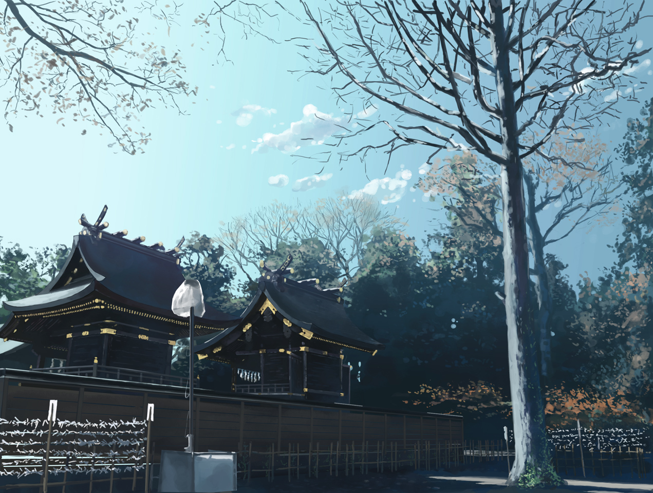 isou nagi, lucky star, original, 00s, cloud, day, morning, no humans, real world location, scenery, shrine, sky, tree