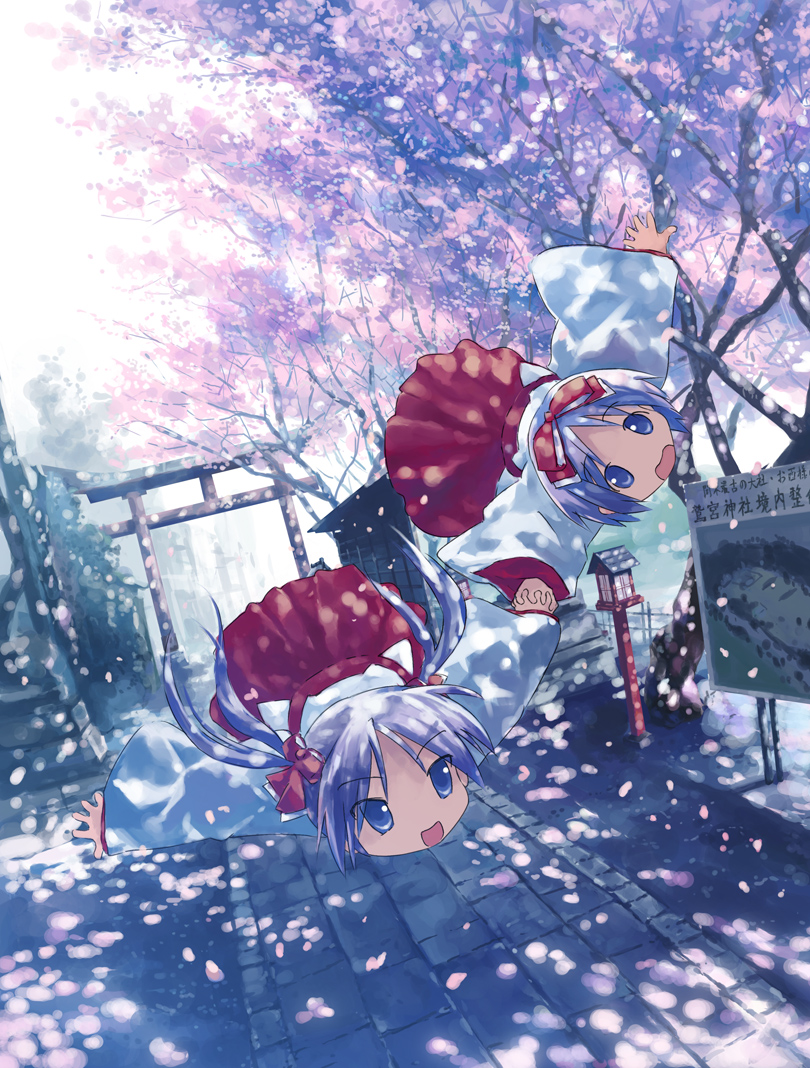 isou nagi, hiiragi kagami, hiiragi tsukasa, lucky star, 00s, 2girls, blue eyes, bow, cherry blossoms, flying, hair bow, hair ribbon, hairband, holding hands, in-universe location, japanese clothes, long hair, long sleeves, miko, multiple girls, open mouth, outdoors, petals, purple hair, red bow, ribbon, shrine, siblings, sisters, sky, smile, torii, tree, twins, twintails, wide sleeves