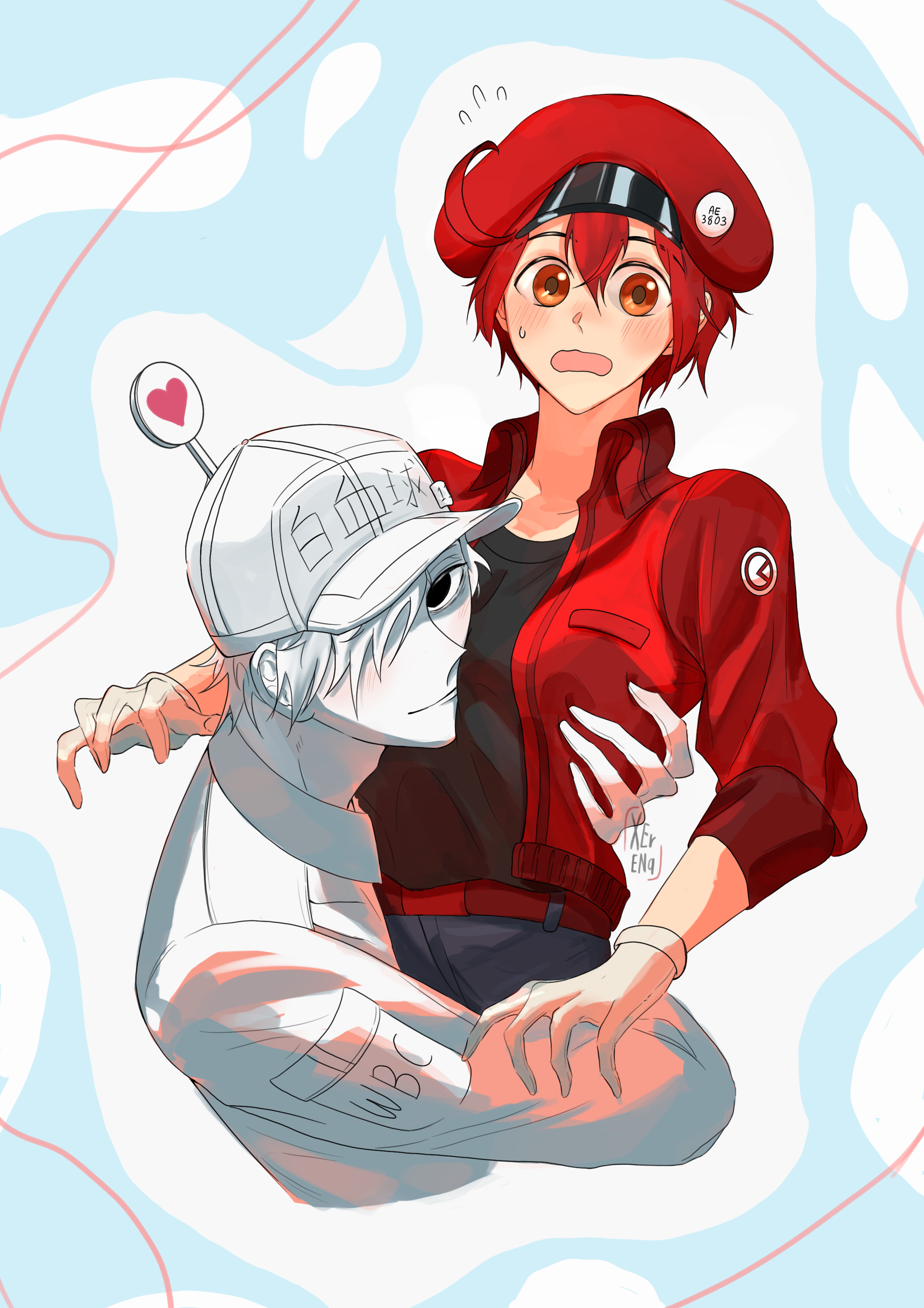 ae-3803, red blood cell (hataraku saibou), u-1146, white blood cell (hataraku saibou), hataraku saibou, absurdres, commentary, highres, 1boy, 1girl, ahoge, arms around waist, badge, baseball cap, belt, black eyes, black shirt, blue background, blue shorts, blush, breast pocket, breasts, brown eyes, button badge, character name, closed mouth, clothes writing, collarbone, collared shirt, colored skin, couple, cropped torso, denim, denim shorts, dress shirt, embarrassed, empty eyes, flying sweatdrops, gloves, groping, hair between eyes, hair over one eye, hand on another's arm, hand on another's chest, hat, hat ornament, heart, hug, jacket, light smile, long sleeves, looking at viewer, medium breasts, newsboy cap, open clothes, open jacket, open mouth, pocket, raised eyebrows, red belt, red hair, red hat, red jacket, shirt, short hair, shorts, sign, smile, spread fingers, string, string of fate, surprised, sweatdrop, t-shirt, three-quarter sleeves, very short hair, wavy mouth, white background, white gloves, white hair, white hat, white shirt, white skin, wide-eyed, xerenaeey