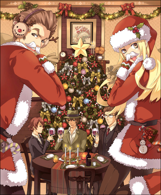 elmmoo, ennis, firo prochainezo, isaac dian, maiza avaro, miria harvent, baccano!, bad id, bad pixiv id, 00s, 2girls, 3boys, alcohol, boots, bottle, candle, candy, candy cane, chair, christmas, christmas tree, christmas wreath, clock, cup, cupping glass, drinking glass, earmuffs, facial hair, fake facial hair, fake mustache, food, formal clothes, gift, glasses, hat, indoors, looking at viewer, looking back, multiple boys, multiple girls, mustache, necktie, open mouth, pantyhose, sack, santa costume, santa hat, snowman, table, vest, wine, wine bottle, wine glass, wreath