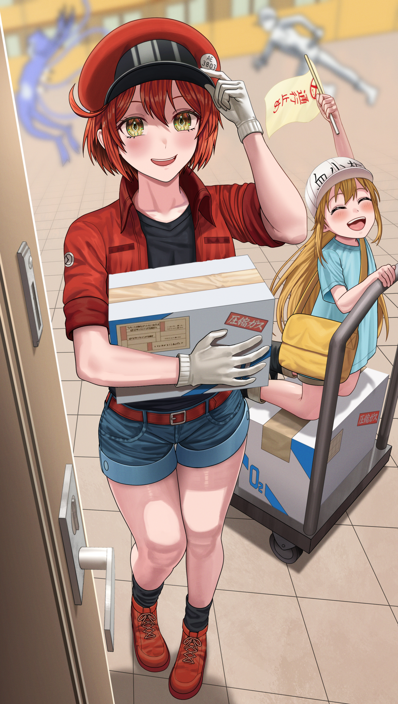 silvertsuki, ae-3803, platelet (hataraku saibou), pneumococcus (hataraku saibou), red blood cell (hataraku saibou), u-1146, white blood cell (hataraku saibou), hataraku saibou, absurdres, commentary, highres, translated, 2boys, 2girls, :d, ^ ^, adjusting clothes, adjusting headwear, ahoge, ankle boots, aqua shirt, arched back, badge, bag, baseball cap, black shirt, black socks, blue shorts, blurry, blurry background, blush, boots, box, breast pocket, brown bag, building, button badge, cardboard box, cart, character name, closed eyes, clothes writing, collarbone, colored skin, denim, denim shorts, door, doorway, fighting, flag, from above, gloves, hair between eyes, hand on own hat, hat, hat ornament, holding, holding bag, holding box, holding flag, jacket, long hair, looking at viewer, looking up, messenger bag, multiple boys, multiple girls, newsboy cap, open clothes, open door, open jacket, open mouth, pants, parted lips, pigeon-toed, pocket, pov doorway, pushcart, red boots, red hair, red hat, red jacket, running, salute, shirt, short hair, short shorts, short sleeves, shorts, shoulder bag, smile, socks, standing, t-shirt, teeth, tentacles, tile floor, tiles, upper teeth only, very long hair, white gloves, white hat, white pants, white shirt, white skin, work boots, yellow eyes