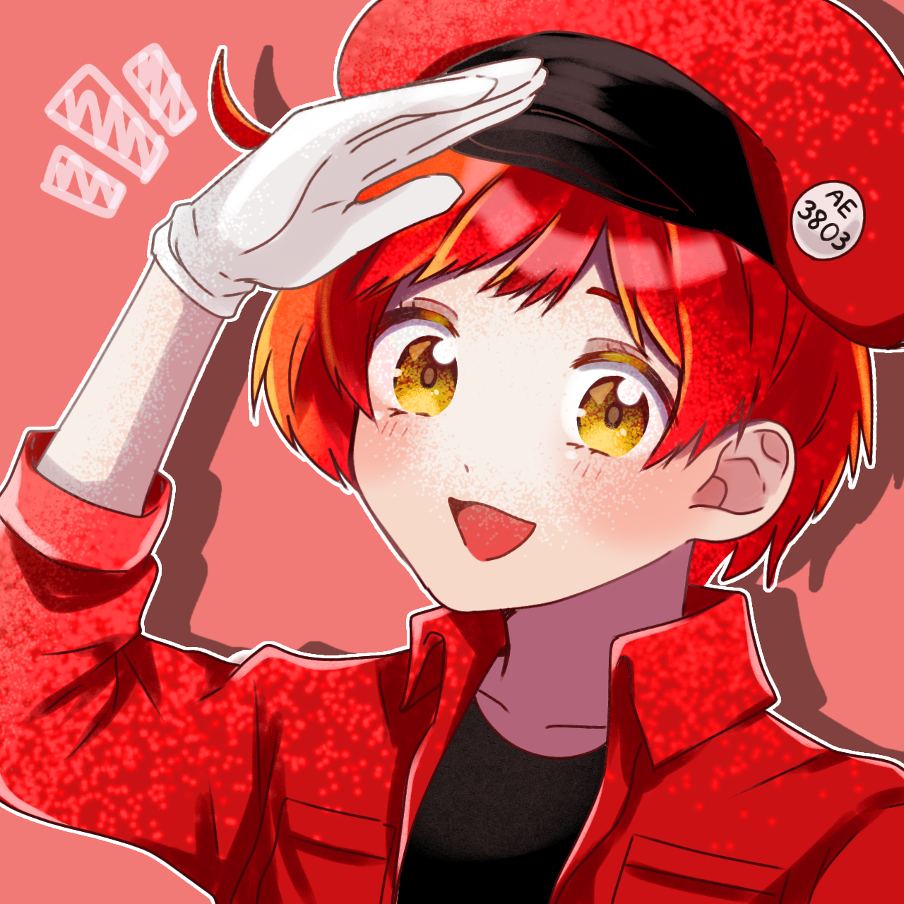 ae-3803, red blood cell (hataraku saibou), hataraku saibou, commentary, highres, 1girl, :3, :d, ahoge, badge, black shirt, blush, breast pocket, brown eyes, button badge, close-up, collarbone, drop shadow, gloves, hakumamu (m12 h86), hat, hat ornament, jacket, looking at viewer, newsboy cap, notice lines, one-hour drawing challenge, open clothes, open jacket, open mouth, outline, pink background, pocket, portrait, red hat, red jacket, salute, shirt, short hair, simple background, smile, solo, t-shirt, three-quarter sleeves, very short hair, white gloves, white outline