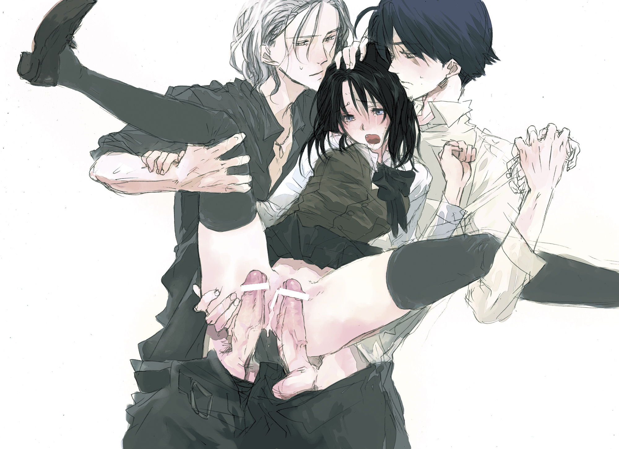 janus, bad id, bad pixiv id, highres, 1girl, 2boys, aftersex, anus, ass, censored, clothed sex, cum, cum in pussy, erection, grabbing another's ass, grinding, groping, group sex, held up, multiple boys, no panties, penis, pointless censoring, pussy, pussy juice, saliva, school uniform, sex, skirt, skirt around belly, spread legs, tears, thighhighs
