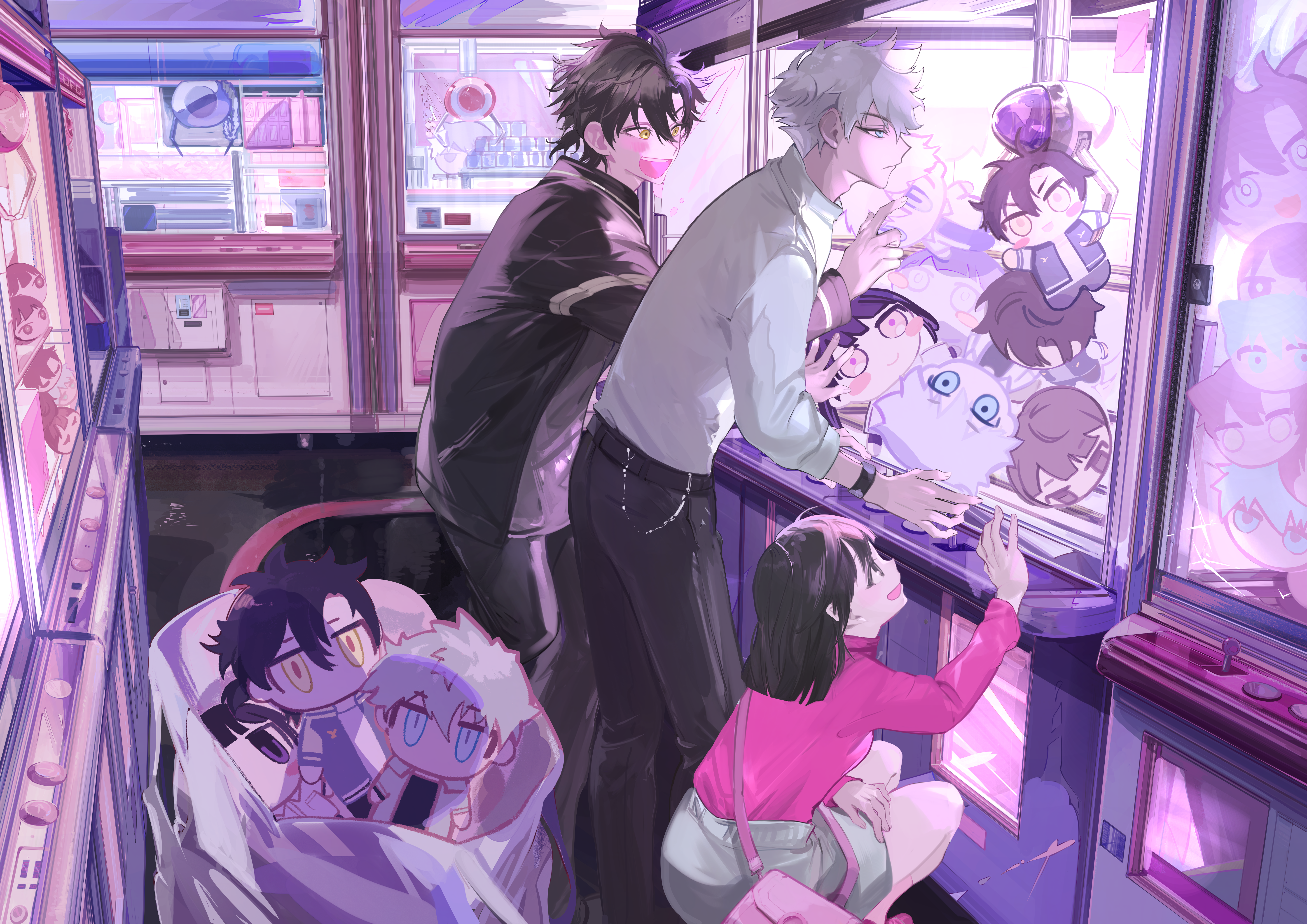 mtmtomt328, cheng xiaoshi, lu guang, qiao ling, shiguang dailiren, absurdres, highres, official art, 1girl, 2boys, arcade, belt, black hair, black jacket, black pants, blue eyes, character doll, closed eyes, closed mouth, crane game, doll, holding, indoors, jacket, jewelry, long hair, long sleeves, multiple boys, open mouth, pants, phone, pink shirt, profile, shirt, short hair, shorts, sitting, skirt, smile, squatting, standing, stuffed toy, sweater, watch, white hair, white shirt, yellow eyes